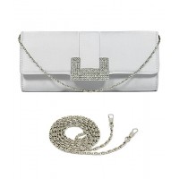 Evening Bag - 12 PCS - Satin w/ Rhinestone Buckle Closure - Silver - BG-EBS1142SL